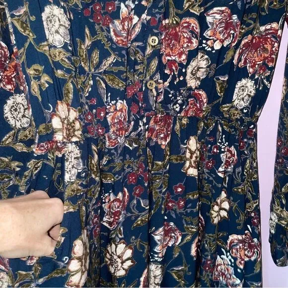 Angie Midi Dress M Navy Floral Blouson Long Sleeve Button - Picture 5 of 9